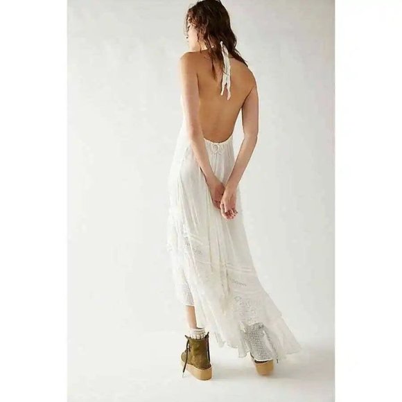 New women's sz lg free people white lace gauzy halter tie dress slice of heaven - Picture 2 of 6